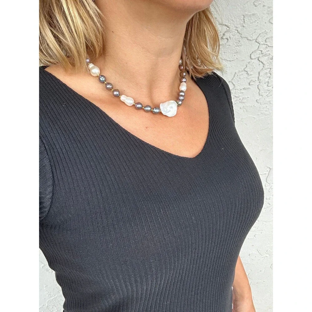 White and black mixed Edison pearl choker, 925 sterling silver gold plated
